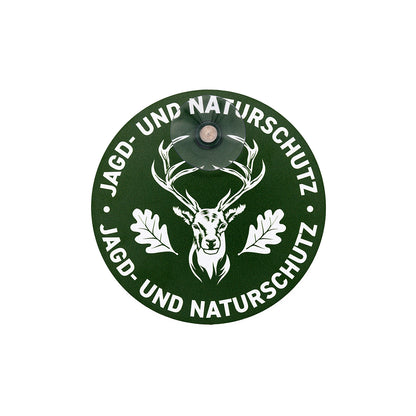 Rundes Jagdschild für Jägerinnen und Jäger mit Saugnapf mit Hirsch Motiv und umlaufender Schrift "Jagd- und Naturschutz" für die Autoscheibe