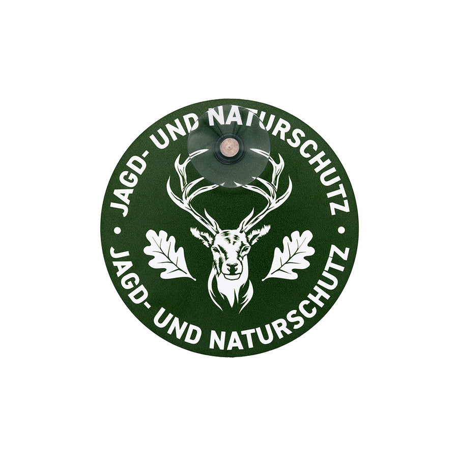 Rundes Jagdschild für Jägerinnen und Jäger mit Saugnapf mit Hirsch Motiv und umlaufender Schrift "Jagd- und Naturschutz" für die Autoscheibe