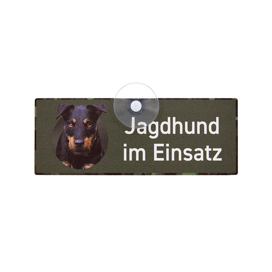 Deutscher Jagdterrier DJT Auto Schild mit Saugnapf für die Autoscheibe mit der Aufschrift "Jagdhund im Einsatz"