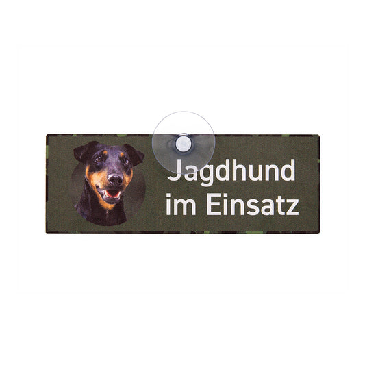 Deutscher Jagdterrier Kurzhaar DJT Deutscher Jagdterrier DJT Schild "Jagdhund im Einsatz" Auto-Hundeschild mit Saugnapf für die Scheibe - Made in Germany
