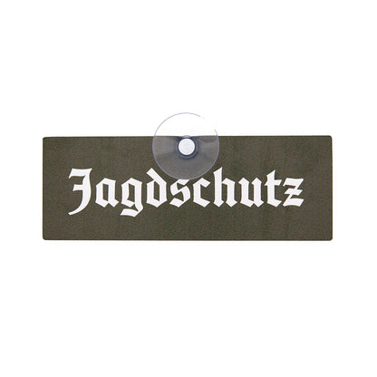 Jagdschutz Schild mit Saugnapf für Jäger und Jägerinnen zur Befestigung an der Autoscheibe im Jagdfahrzeug
