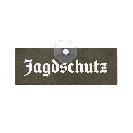 Jagdschutz Schild mit Saugnapf für Jäger und Jägerinnen zur Befestigung an der Autoscheibe im Jagdfahrzeug
