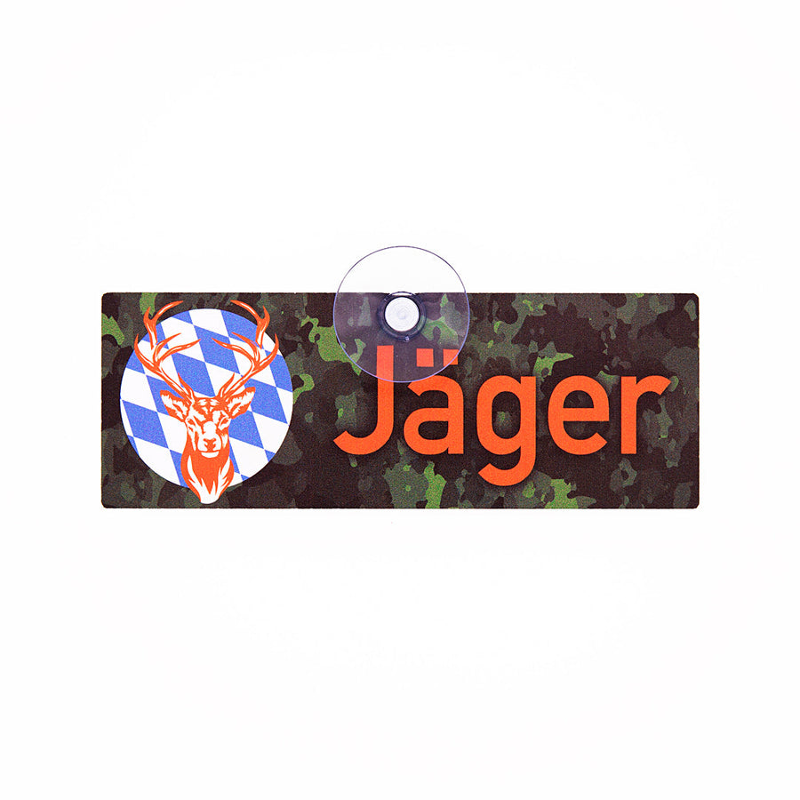 Jagdschild Bayern mit Saugnapf für die Autoscheibe mit der Aufschrift Jäger, einem Hirschmotiv und der bayerischen Raute in weiß-blau
