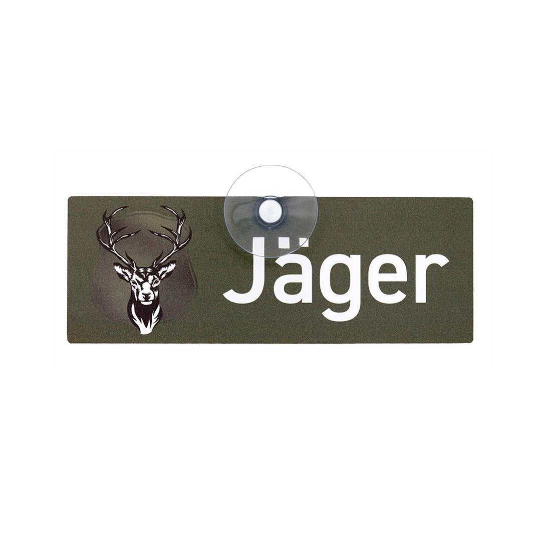 Jäger Schild, Premium Jagd-Auto-Schild für Jäger mit Saugnapf zur Befestigung an der Windschutzscheibe aus Aluverbund