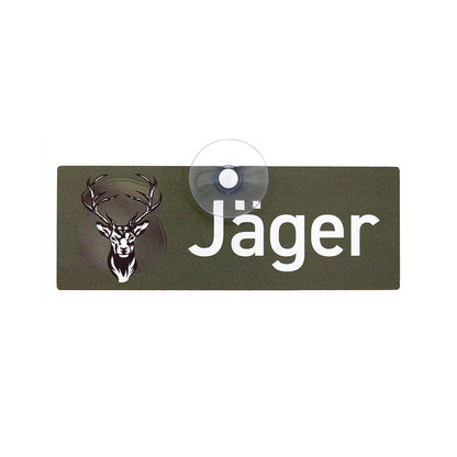 Jäger Schild, Premium Jagd-Auto-Schild für Jäger mit Saugnapf zur Befestigung an der Windschutzscheibe aus Aluverbund