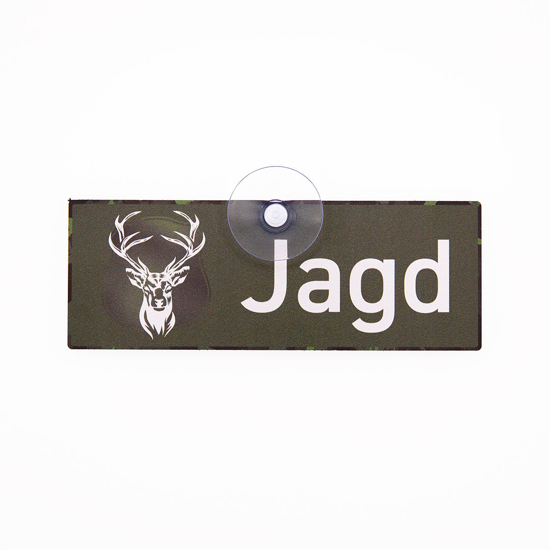 Jagdschild fürs Auto mit Saugnapf und Hirsch Motiv und der Aufschrift Jagd aus Aluverbund, Made in Germany 
