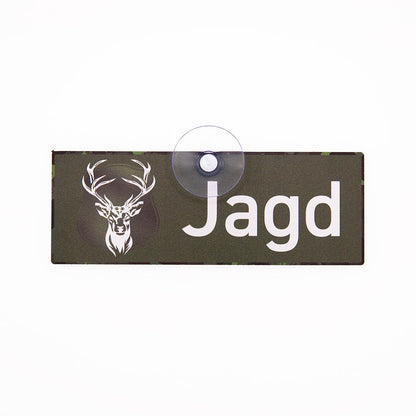 Jagdschild fürs Auto mit Saugnapf und Hirsch Motiv und der Aufschrift Jagd aus Aluverbund, Made in Germany 