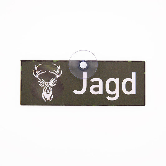 Jagdschild fürs Auto mit Saugnapf und Hirsch Motiv und der Aufschrift Jagd aus Aluverbund, Made in Germany 
