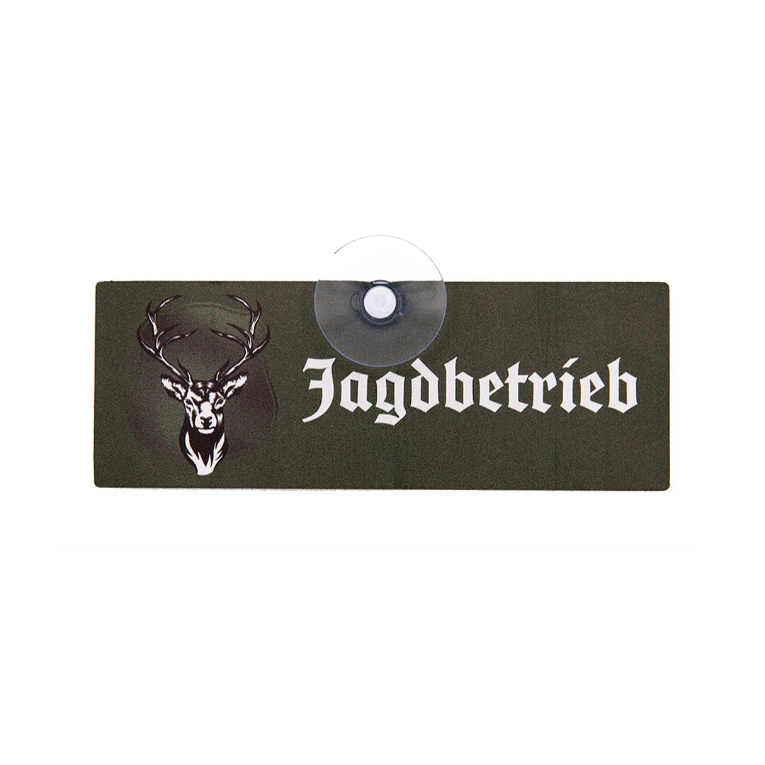 Klassisches Jagdbetrieb Autoschild mit Saugnapf für die Scheibe mit alter Schrift und Hirsch Motiv