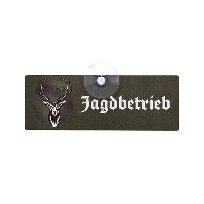 Klassisches Jagdbetrieb Autoschild mit Saugnapf für die Scheibe mit alter Schrift und Hirsch Motiv
