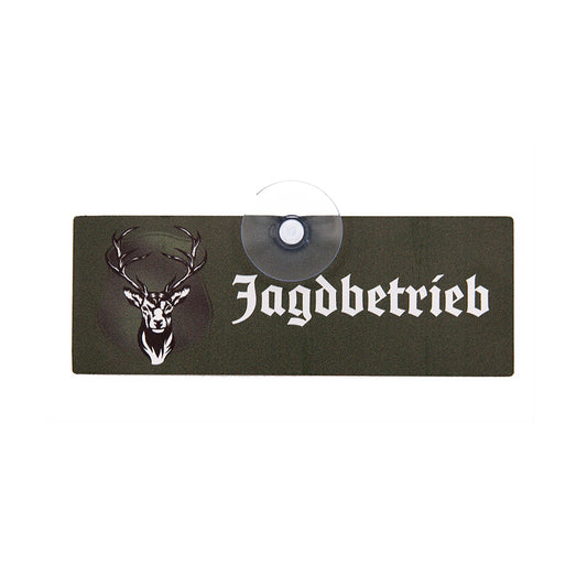 Klassisches Jagdbetrieb Autoschild mit Saugnapf für die Scheibe mit alter Schrift und Hirsch Motiv