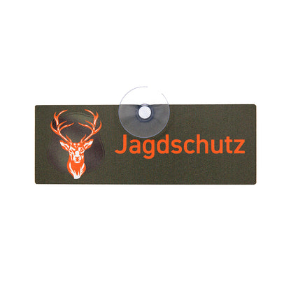 Jagdschild mit Saugnapf für die Autoscheibe und der Aufschrift Jagdschutz in orange mit Hirschmotiv