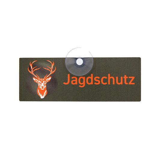 Jagdschild mit Saugnapf für die Autoscheibe und der Aufschrift Jagdschutz in orange mit Hirschmotiv