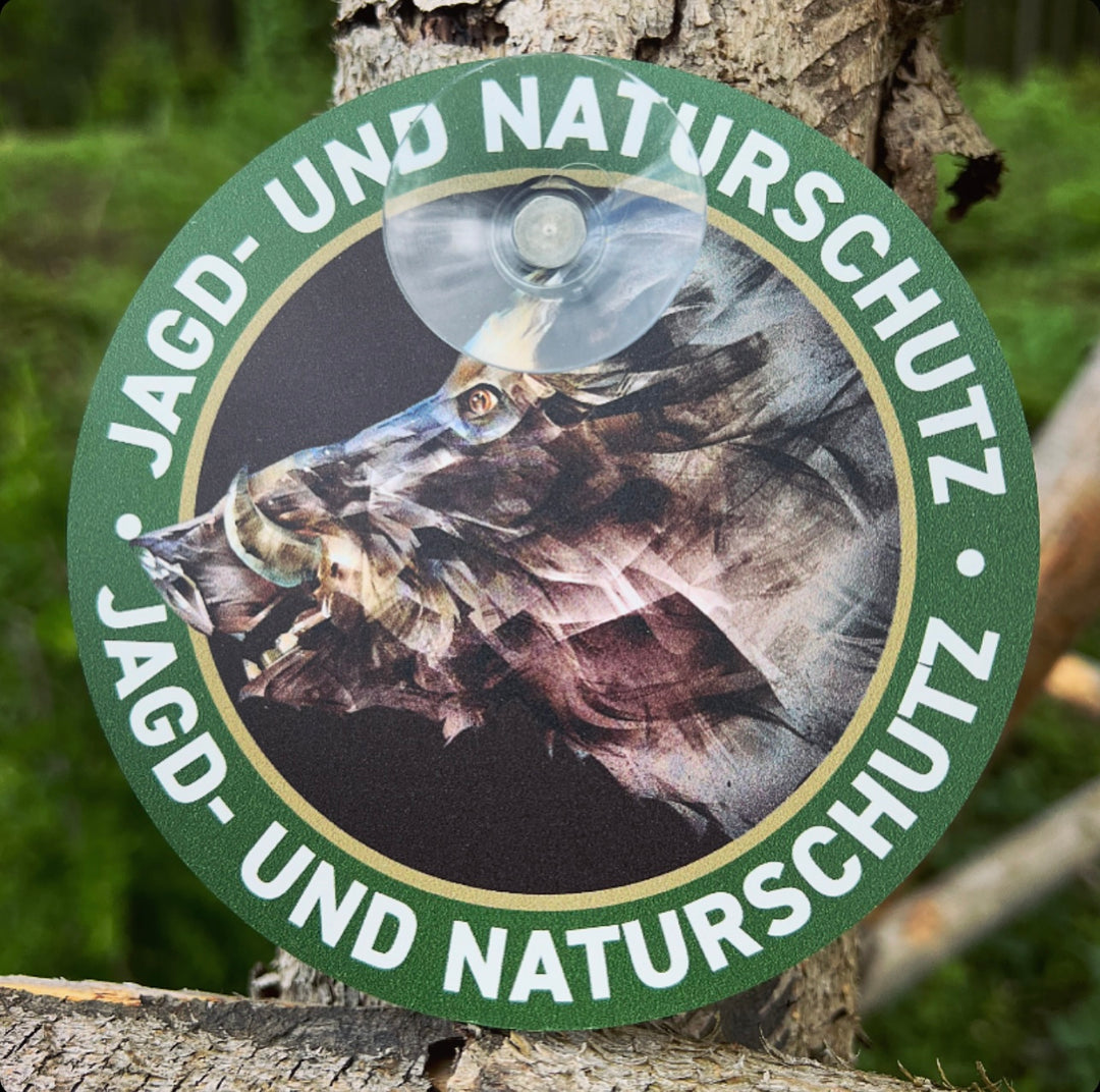 Autoschild rund mit Saugnapf  "Jagd & Naturschutz" Keiler