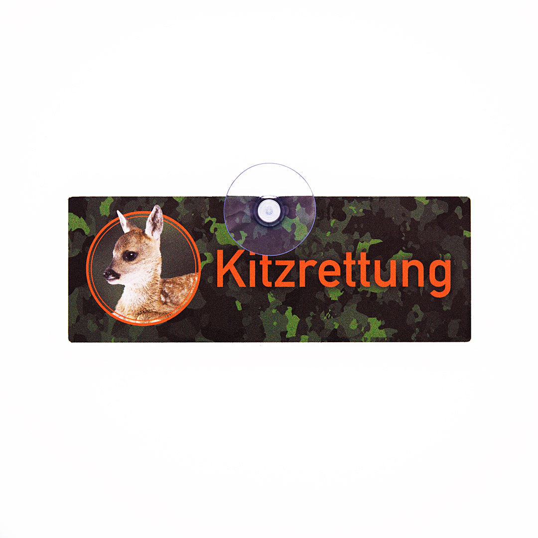 Kitzrettung Schild für Rehkitzretter im Einsatz mit Saugnapf für die Autoscheibe aus Aluverbundmaterial, Made in Germany