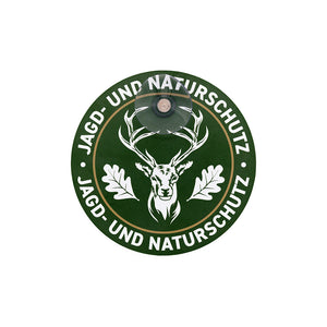Hochwertiges, rundes Jagdschild mit Saugnapf für die Autoscheibe mit der Aufschrift "Jagd- & Naturschutz" grün mit weißer Schrift