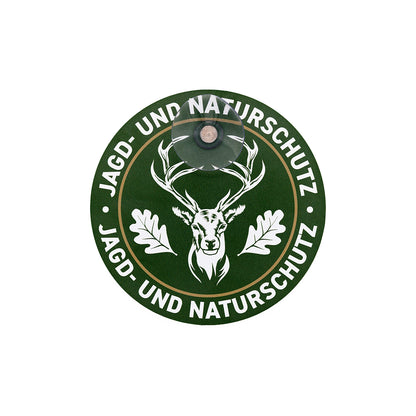 Hochwertiges, rundes Jagdschild mit Saugnapf für die Autoscheibe mit der Aufschrift "Jagd- & Naturschutz" grün mit weißer Schrift