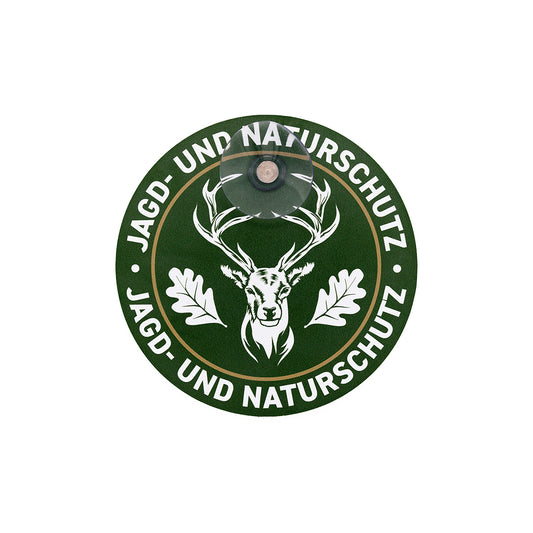 Hochwertiges, rundes Jagdschild mit Saugnapf für die Autoscheibe mit der Aufschrift "Jagd- & Naturschutz" grün mit weißer Schrift