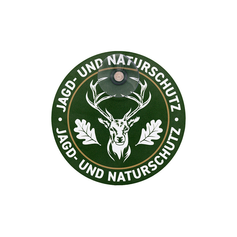 Hochwertiges, rundes Jagdschild mit Saugnapf für die Autoscheibe mit der Aufschrift "Jagd- & Naturschutz" grün mit weißer Schrift