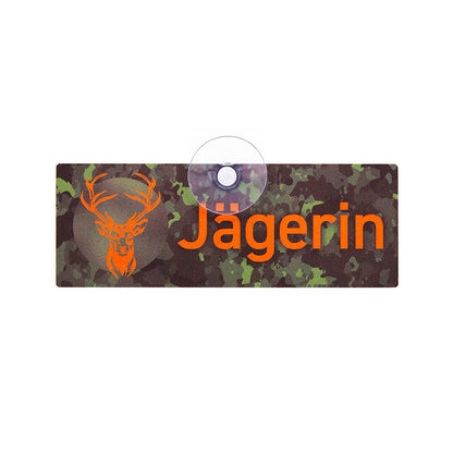 Jägerin Auto-Schild mit Saugnapf, Jagdschild für Jägerinnen mit oranger Aufschrift und Hrischmotiv für die Autoscheibe