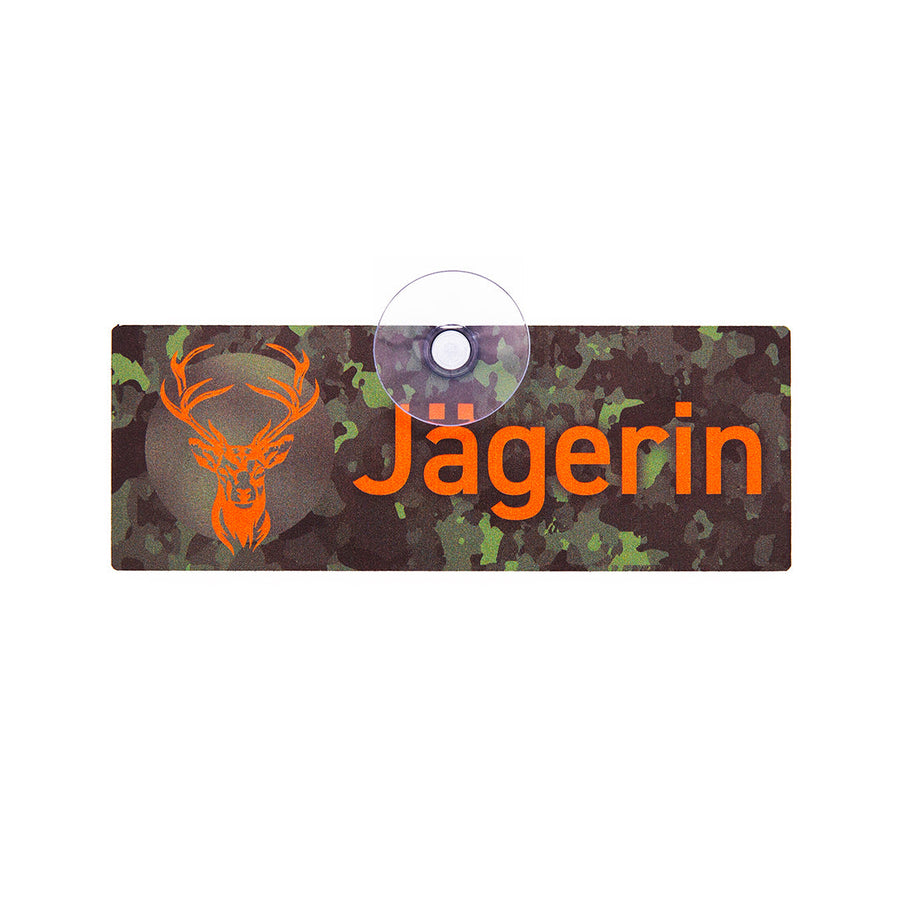 Jägerin Auto-Schild mit Saugnapf, Jagdschild für Jägerinnen mit oranger Aufschrift und Hrischmotiv für die Autoscheibe