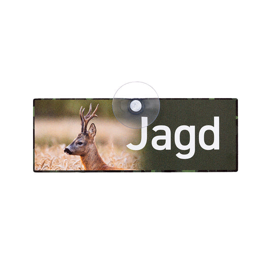 Premium Jagdschild mit einem kapitalen Rehbock Motiv und der Aufschrift Jagd aus Aluverbund mit Saugnapf. 