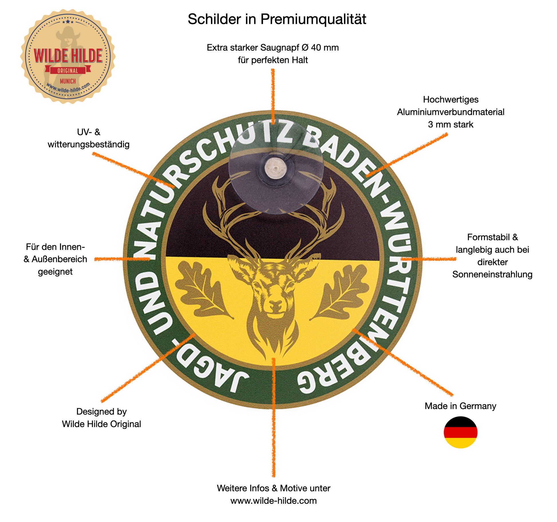 Wilde Hilde Original Saugnapfschild für Autoscheibe aus Aluminiumverbund – witterungsbeständig, formstabil, UV-beständig mit starkem Saugnapf, Made in Germany