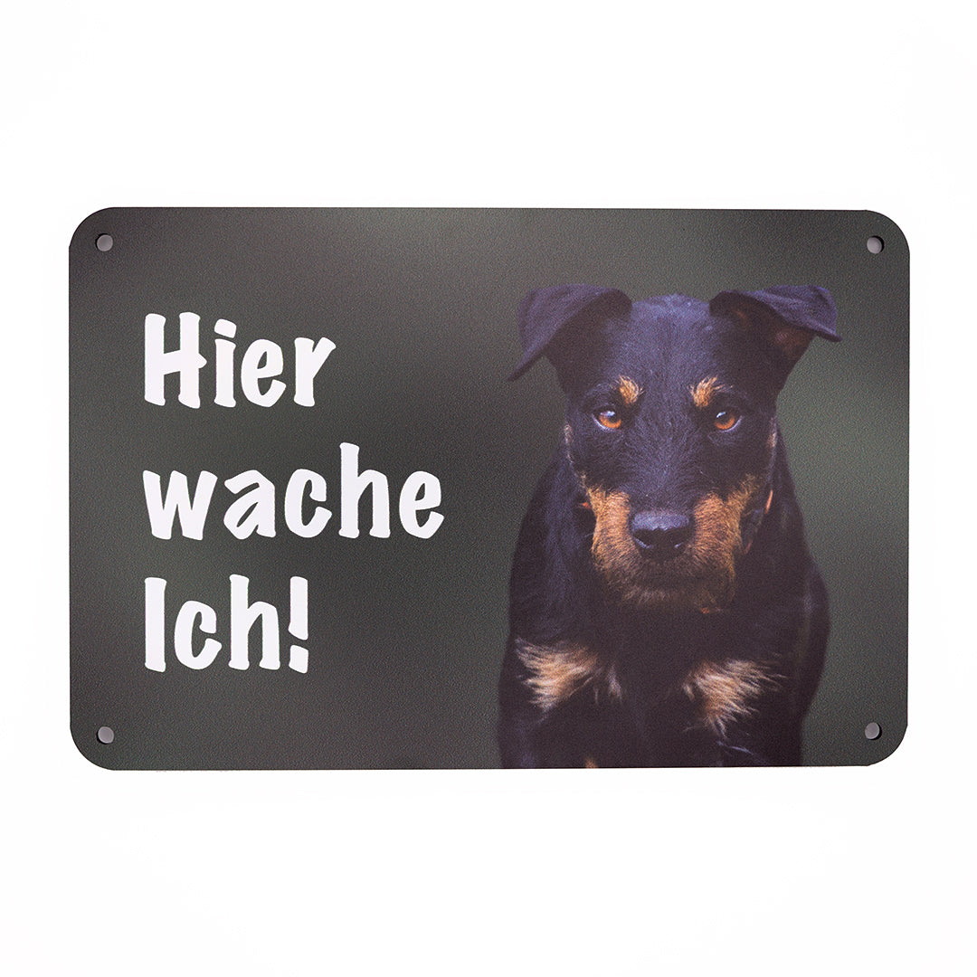 Deutscher Jagdterrier Schild, Warnschild aus Aluminiumverbundmaterial mit Rauhaar Terrier Bild und der Aufschrift "Hier Wache Ich!"