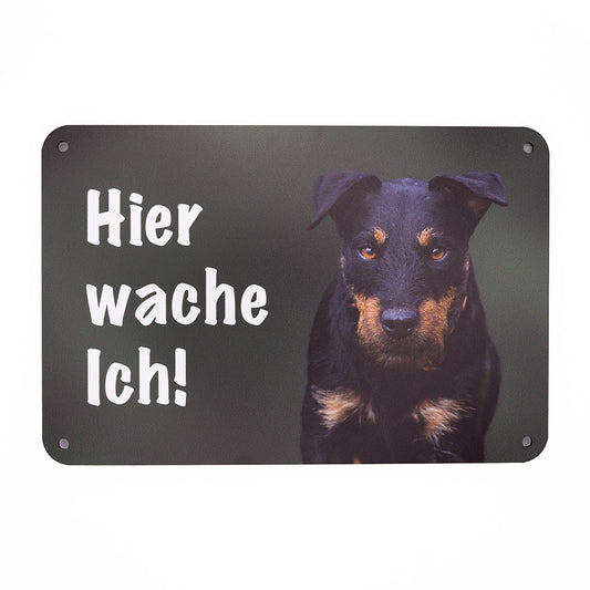 Deutscher Jagdterrier Schild, Warnschild aus Aluminiumverbundmaterial mit Rauhaar Terrier Bild und der Aufschrift "Hier Wache Ich!"