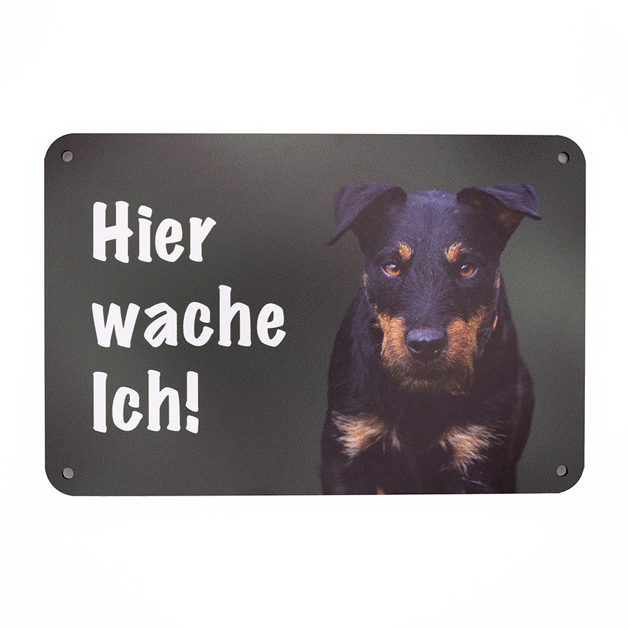 Deutscher Jagdterrier Schild, Warnschild aus Aluminiumverbundmaterial mit Rauhaar Terrier Bild und der Aufschrift "Hier Wache Ich!"
