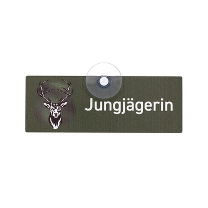 Jungjägerin Jagdschild für Jägerinnen mit Saugnapf zur Befestigung an der Autoscheibe im Jagdfahrzeug