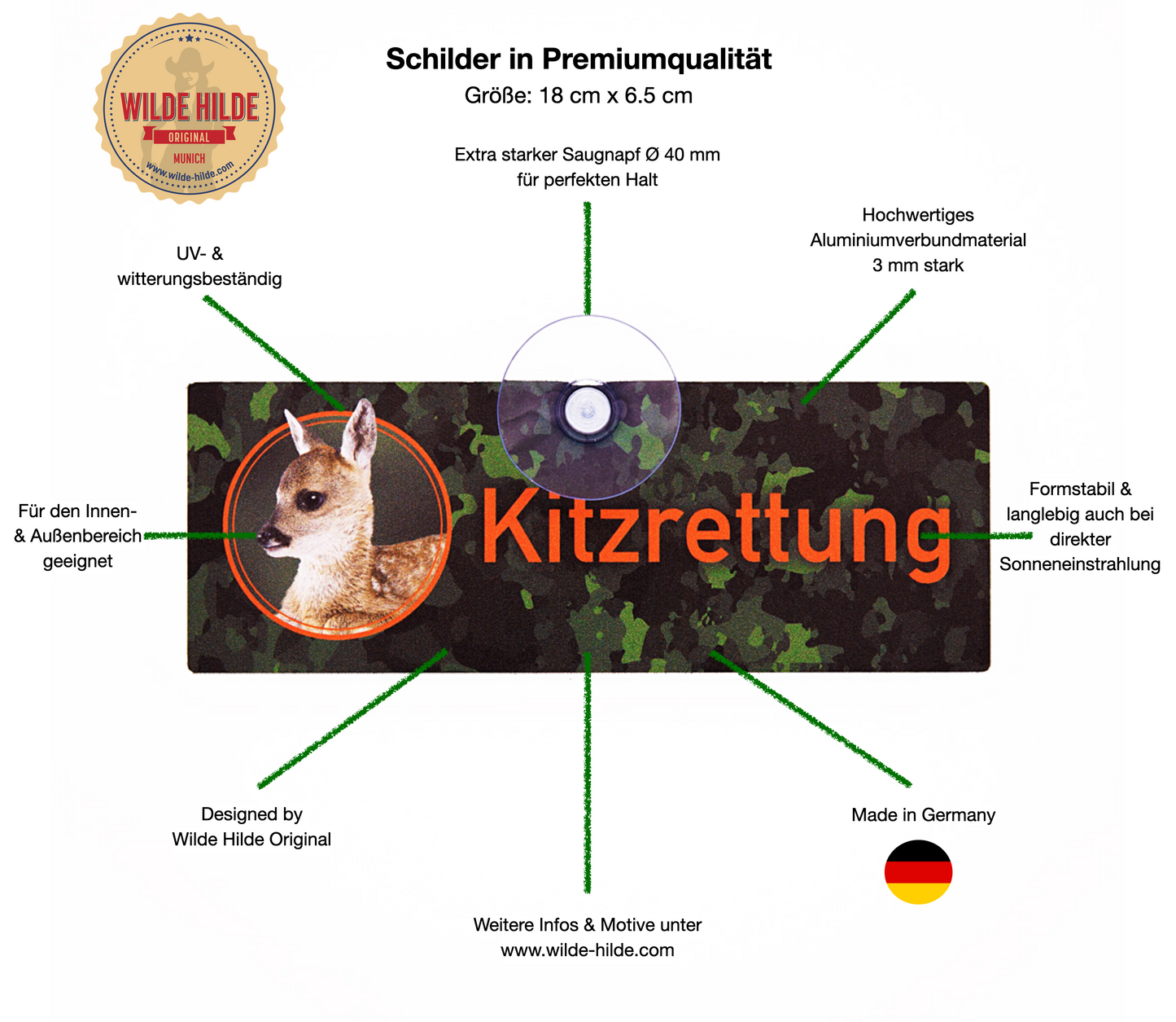 Kitzrettung im Einsatz Schild für die Autoscheibe von Wilde Hilde Original mit Saugnapf aus Aluverbund, Premium Qualität Made in Germany