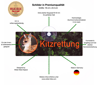 Kitzrettung im Einsatz Schild für die Autoscheibe von Wilde Hilde Original mit Saugnapf aus Aluverbund, Premium Qualität Made in Germany