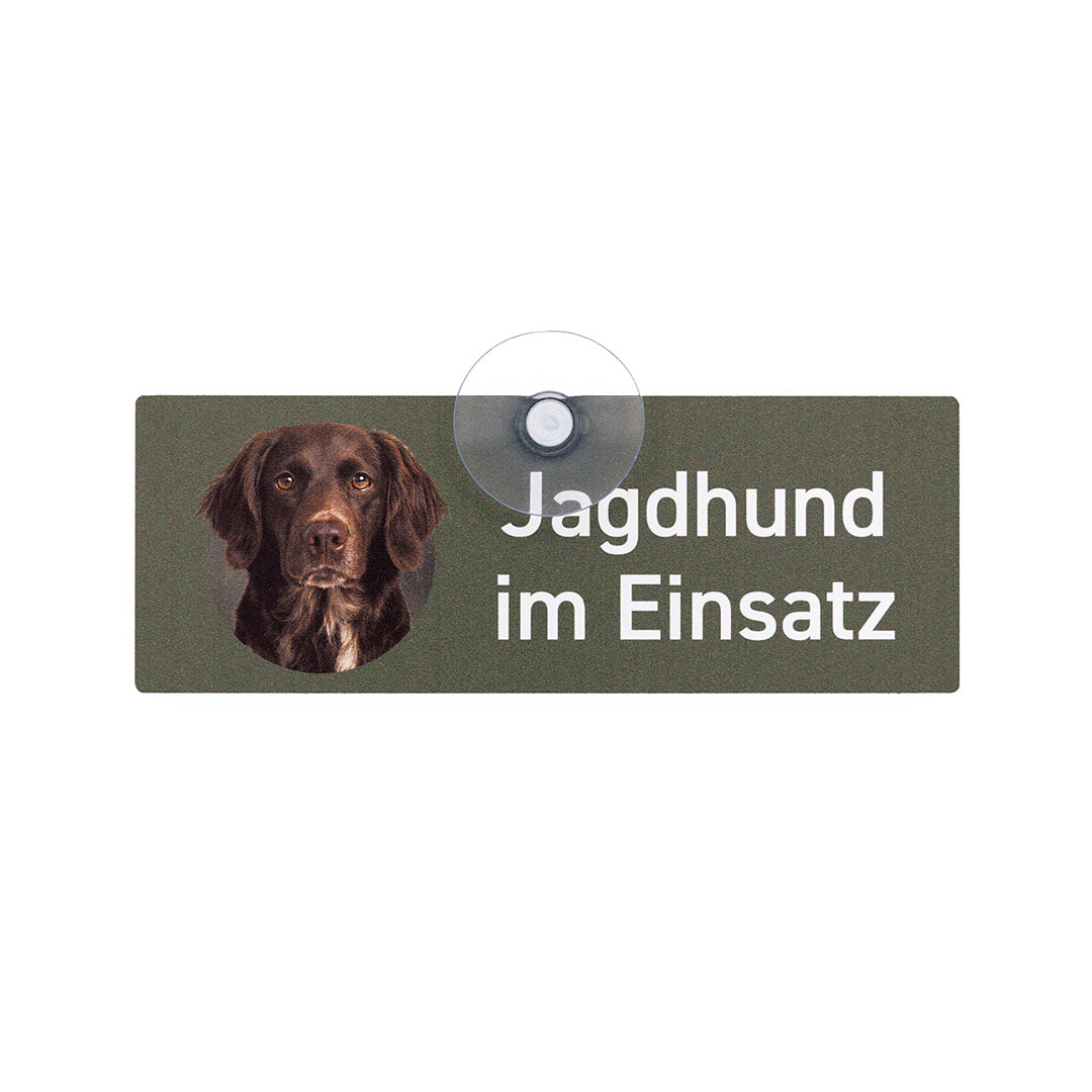 Kleiner Münsterländer KLM Schild Jagdhund Autoschild „Jagdhund im Einsatz“ mit Saugnapf für die Autoscheibe von Wilde Hilde Original
