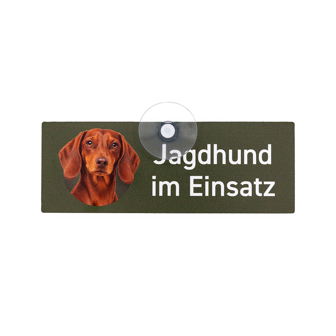 Hochwertiges Dackel Autoschild aus Aluminiumverbund mit rotem Kurzhaardackel Motiv und Aufschrift Jagdhund im Einsatz