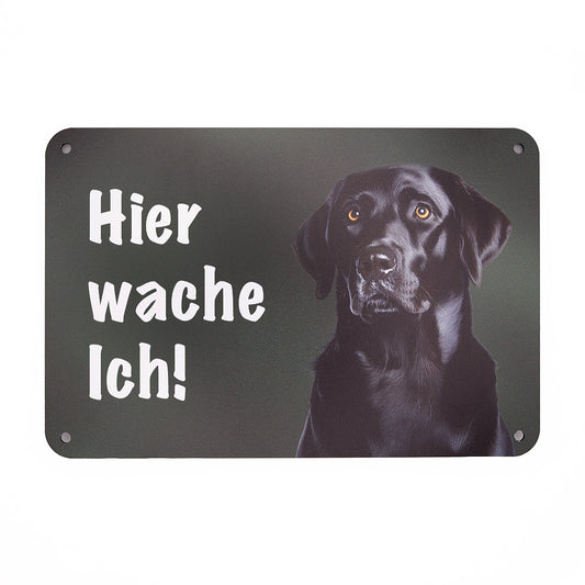 Labrador schwarz Warnschild „Hier wache ich“ | Jagdhund Hundeschild für Zaun, Tor & Grundstück, wetterfest