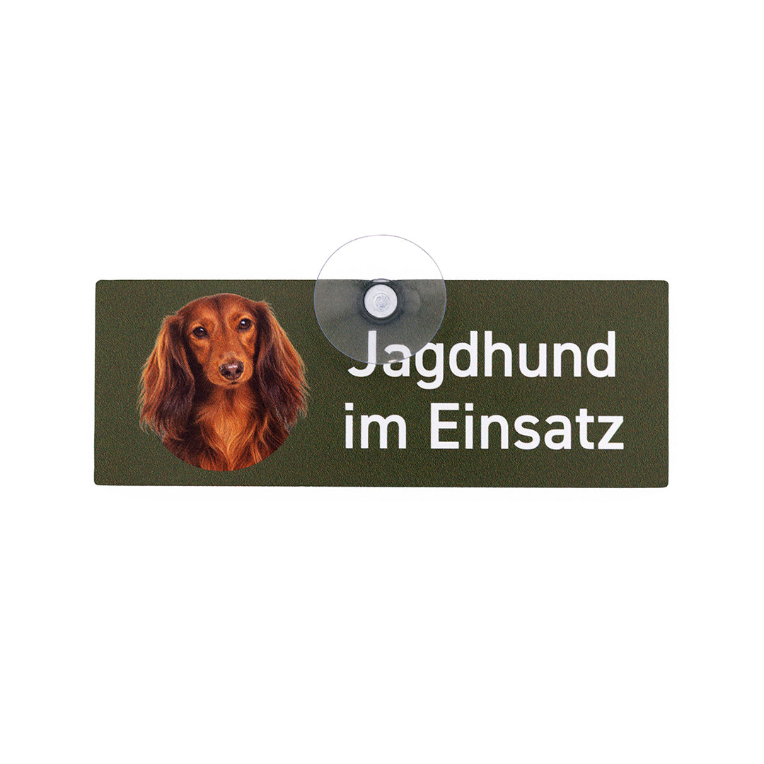 Langhaardackel rot Jagdhund im Einsatz Autoschild 18 x 6,5 cm mit Saugnapf von Wilde Hilde Original