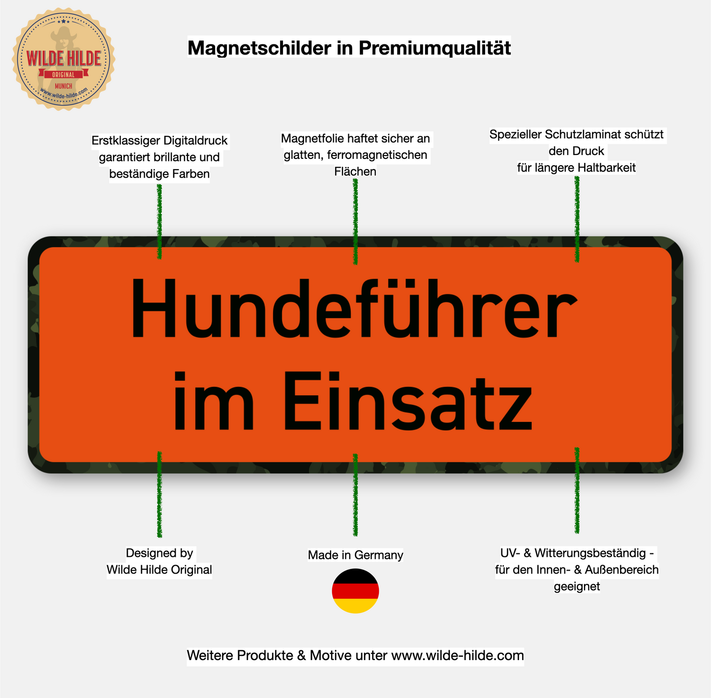 Falknerin im Einsatz Magnetschild fürs Auto - Premium Autoschild, Maße 27.5 cm x 10 cm, orange Signalfarbe - Made in Germany