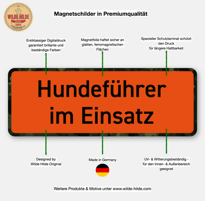 Falknerin im Einsatz Magnetschild fürs Auto - Premium Autoschild, Maße 27.5 cm x 10 cm, orange Signalfarbe - Made in Germany