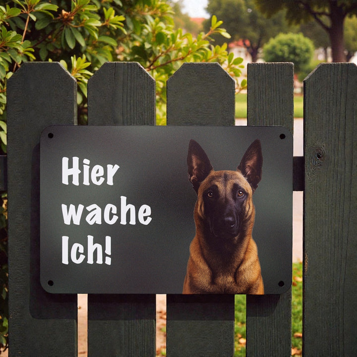 Belgischer Schäferhund Malinois Schild “Hier wache ich!” – Premium Polizeihund Warnschild Gartenzaun 24x16 cm Made in Germany Wilde Hilde Original