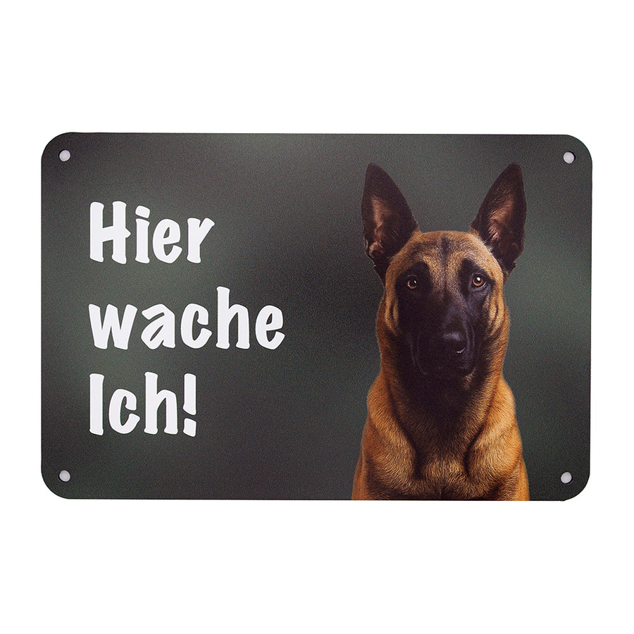 Wetterfestes Aluminium Hundeschild Belgischer Schäferhund Malinois “Hier wache ich!” – Polizeihund Warnschild für Gartenzaun, Haustor und Eingang von Wilde Hilde Original