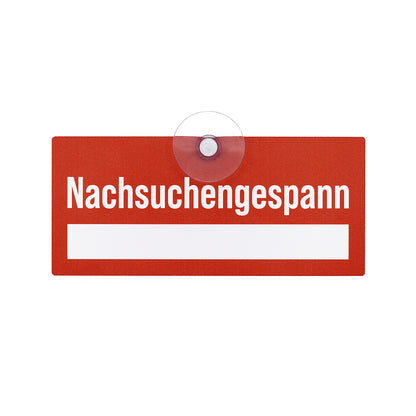 Nachsuchengespann, Jagdhund Schild mit Saugnapf für die Autoscheibe mit Feld für die Telefonnummer, rot mit weißer Schrift 