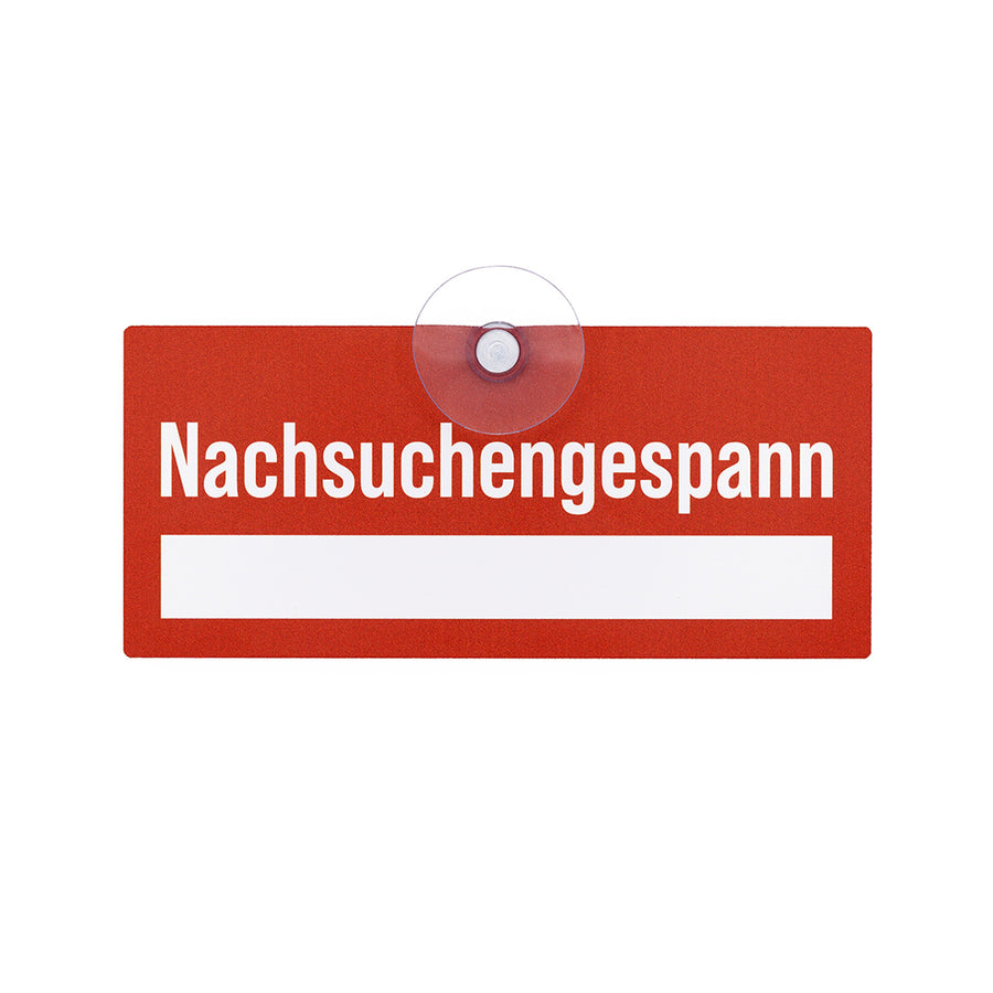 Nachsuchengespann, Jagdhund Schild mit Saugnapf für die Autoscheibe mit Feld für die Telefonnummer, rot mit weißer Schrift 