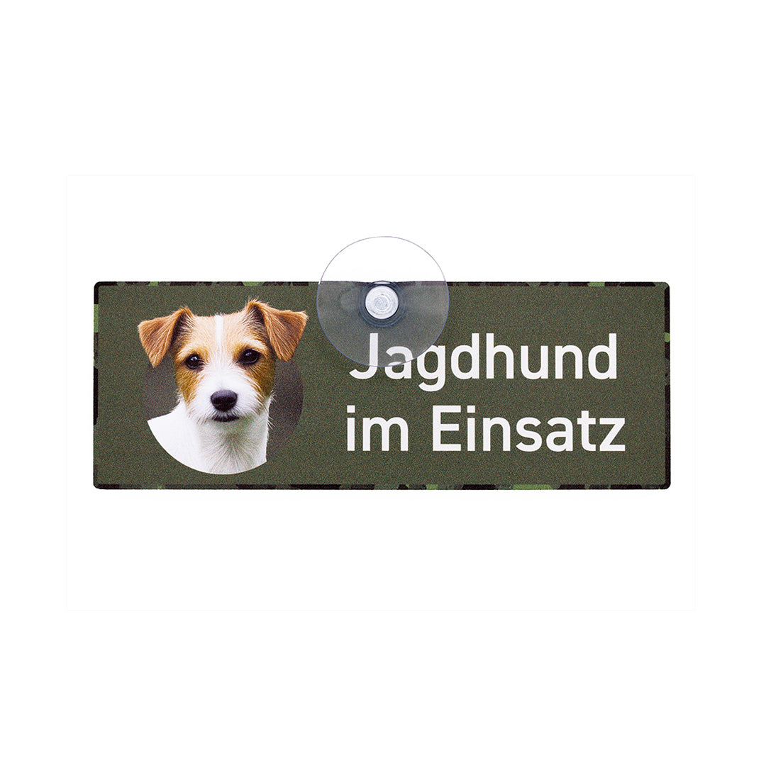 Parson Russell Terrier Schild "Jagdhund im Einsatz" Jagdschild mit Saugnapf für die Autoscheibe - Made in Germany
