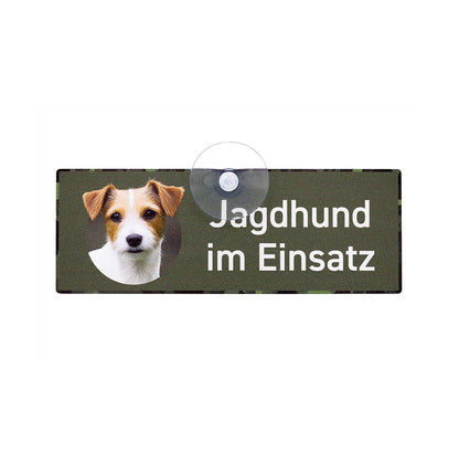Parson Russell Terrier Schild "Jagdhund im Einsatz" Jagdschild mit Saugnapf für die Autoscheibe - Made in Germany