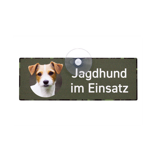 Parson Russell Terrier Schild "Jagdhund im Einsatz" Jagdschild mit Saugnapf für die Autoscheibe - Made in Germany