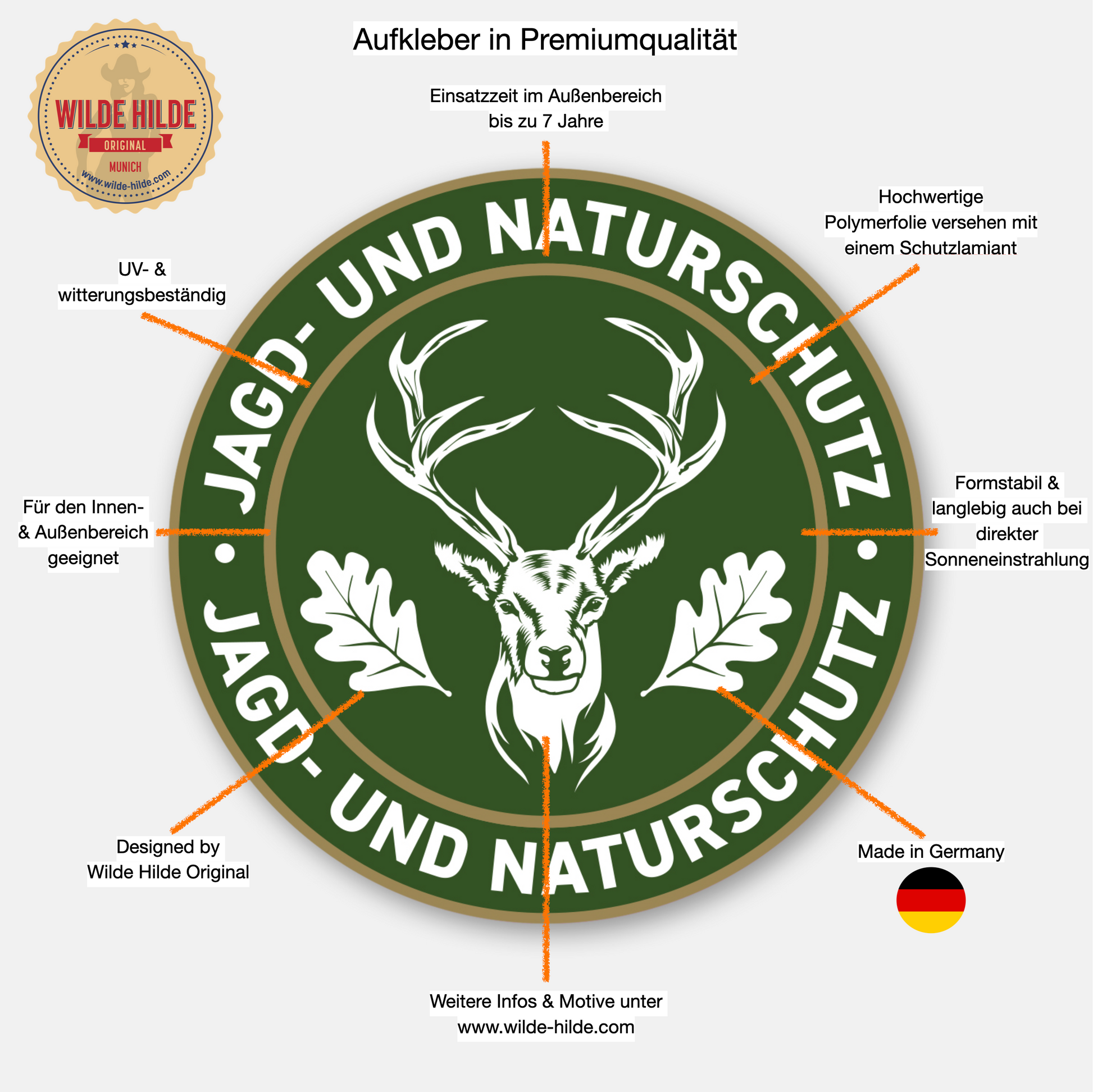 Detailansicht runder Jagdaufkleber von Wilde Hilde Original – Hirschmotiv mit Eichenblättern, wetterfest, kratzfest, Made in Germany, Jagd & Naturschutz