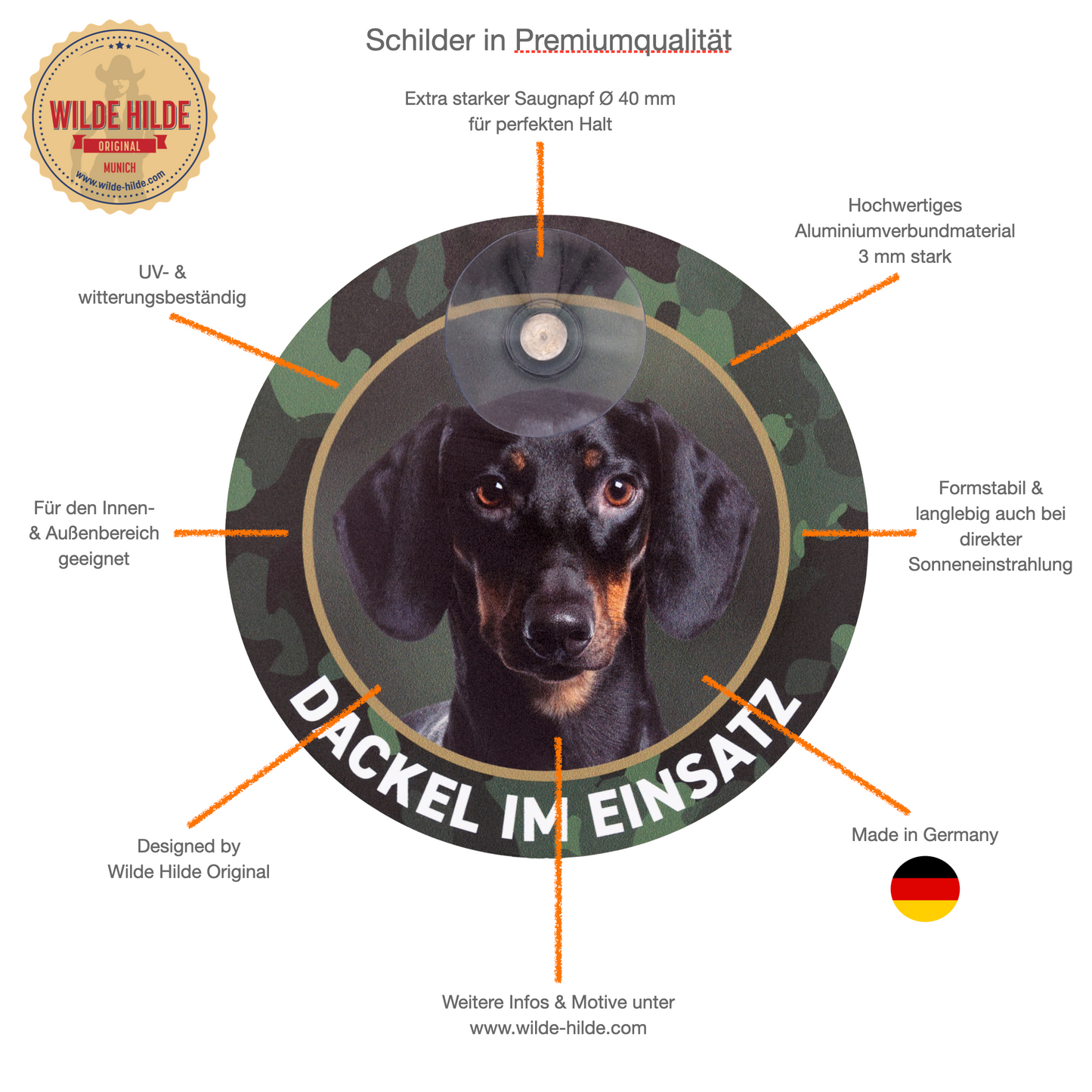 Beagle Schild "Jagdhund im Einsatz" Jagschild mit Saugnapf für die Autoscheibe - Made in Germany
