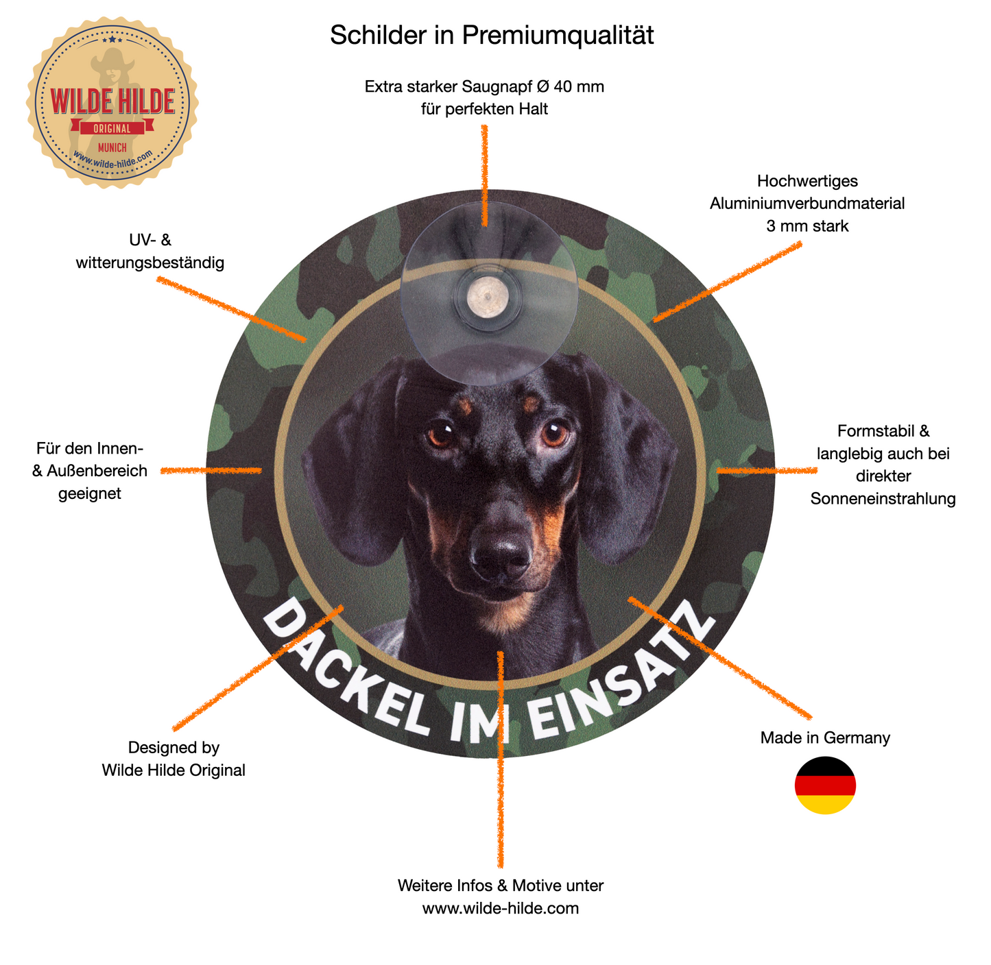 Rauhaardackel Schild, Teckel "Jagdhund im Einsatz" Autoschild mit Saugnapf - Made in Germany