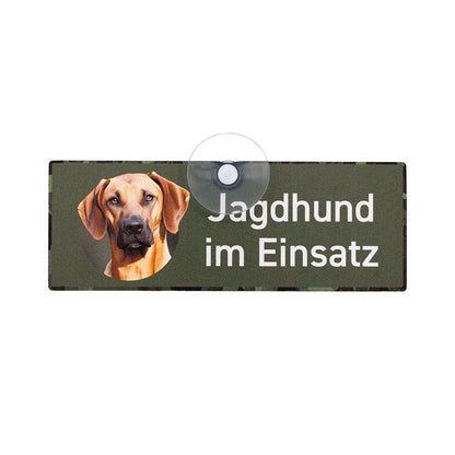 Jagd-Autoschild mit Saugnapf aus Aluminiumverbund mit einem Rhodesian Ridgeback und der Aufschrift - Jagdhund im Einsatz.